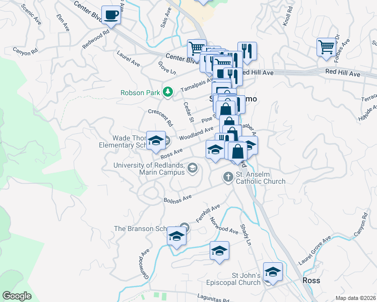 map of restaurants, bars, coffee shops, grocery stores, and more near 72 Jones Street in San Anselmo