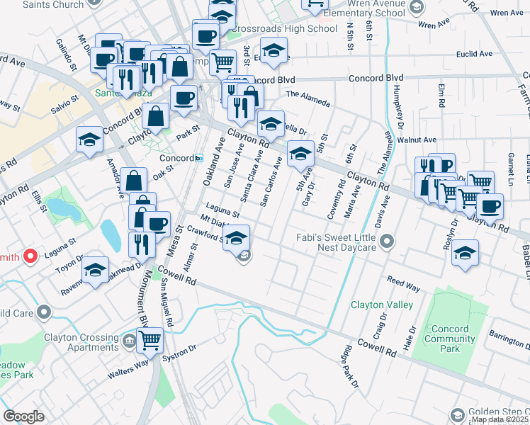 map of restaurants, bars, coffee shops, grocery stores, and more near 1390 San Carlos Avenue in Concord