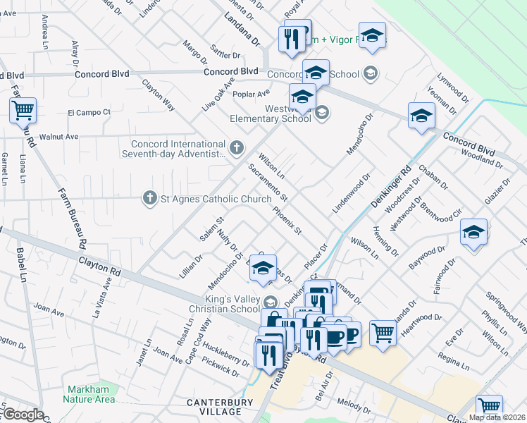 map of restaurants, bars, coffee shops, grocery stores, and more near 4081 Salem Street in Concord