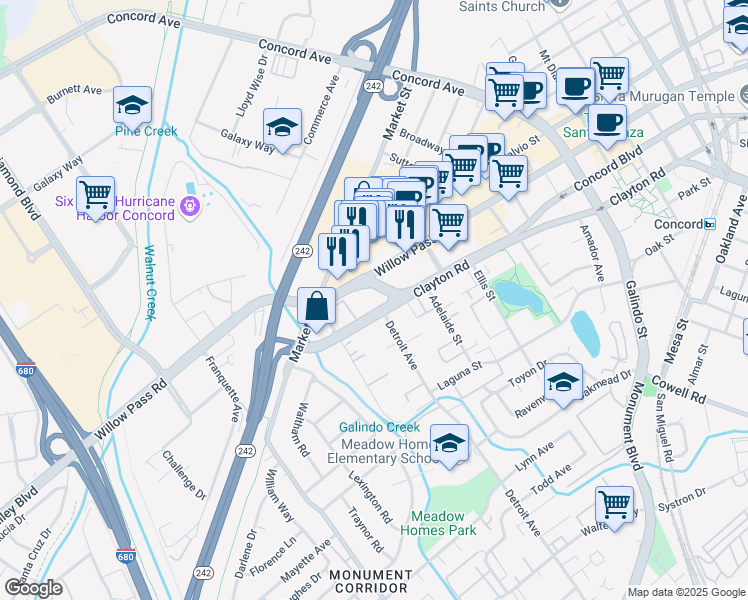 map of restaurants, bars, coffee shops, grocery stores, and more near 1855 Gateway Boulevard in Concord