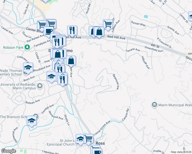 map of restaurants, bars, coffee shops, grocery stores, and more near 31 Baywood Avenue in San Anselmo