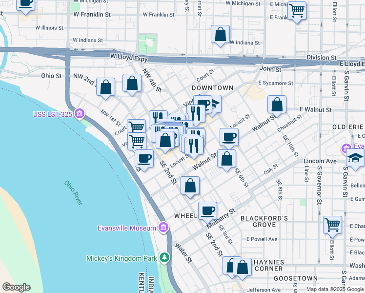 map of restaurants, bars, coffee shops, grocery stores, and more near in Evansville