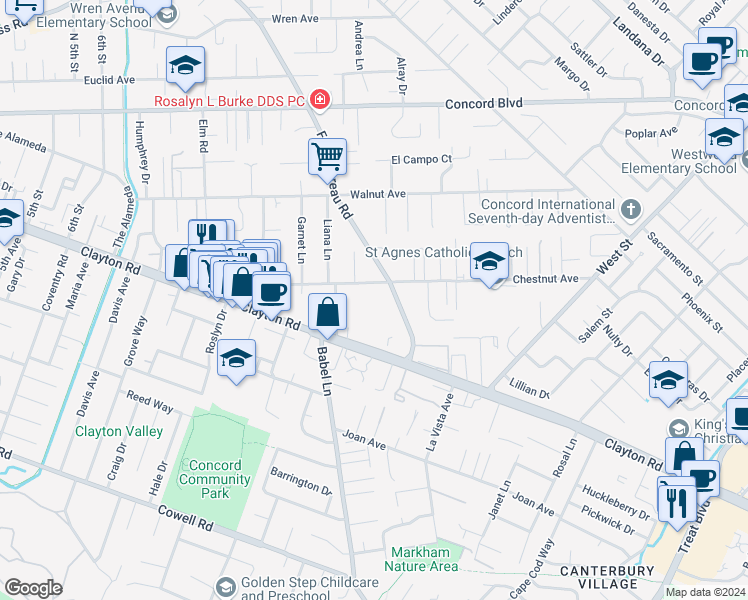 map of restaurants, bars, coffee shops, grocery stores, and more near 3758 Chestnut Avenue in Concord