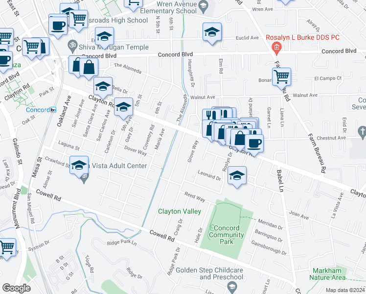 map of restaurants, bars, coffee shops, grocery stores, and more near 1468 Davis Avenue in Concord