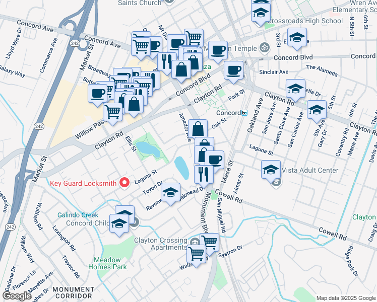 map of restaurants, bars, coffee shops, grocery stores, and more near 1880 Laguna Street in Concord