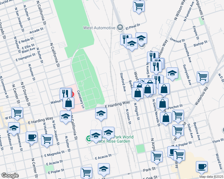 map of restaurants, bars, coffee shops, grocery stores, and more near 942 La Follette Avenue in Stockton