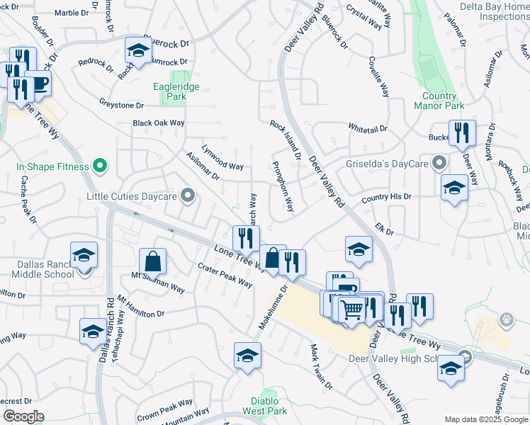 map of restaurants, bars, coffee shops, grocery stores, and more near 4528 Fallow Way in Antioch