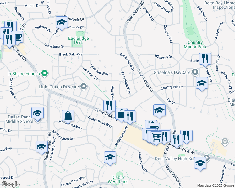map of restaurants, bars, coffee shops, grocery stores, and more near 4528 Fallow Way in Antioch