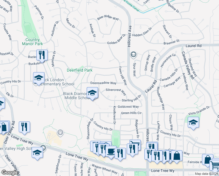 map of restaurants, bars, coffee shops, grocery stores, and more near 4520 Silvercrest Way in Antioch