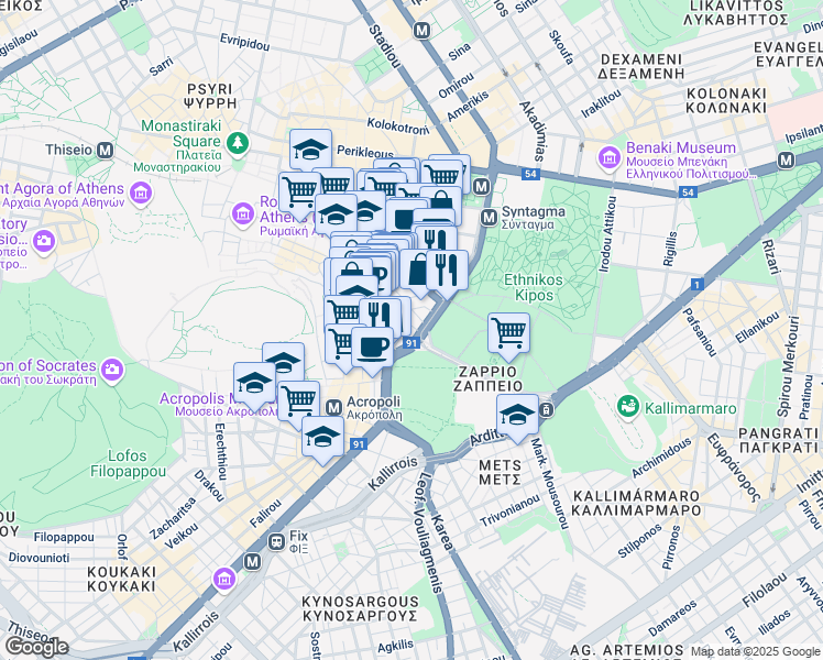 map of restaurants, bars, coffee shops, grocery stores, and more near in Athina