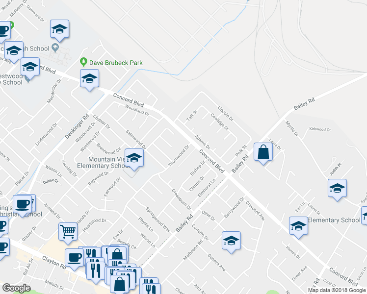 map of restaurants, bars, coffee shops, grocery stores, and more near 1783 Thornwood Drive in Concord