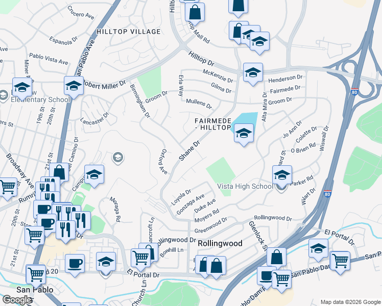 map of restaurants, bars, coffee shops, grocery stores, and more near 2900 Shane Drive in Richmond