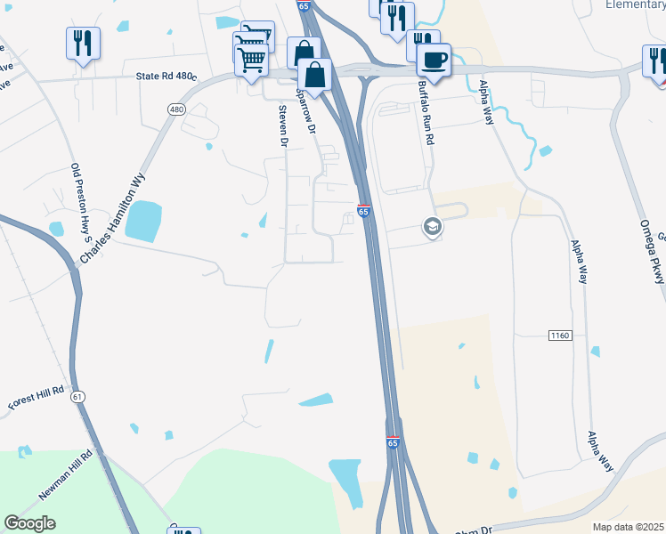 map of restaurants, bars, coffee shops, grocery stores, and more near 190 Johnson Drive in Shepherdsville