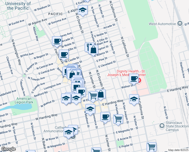 map of restaurants, bars, coffee shops, grocery stores, and more near 24 East Wyandotte Street in Stockton