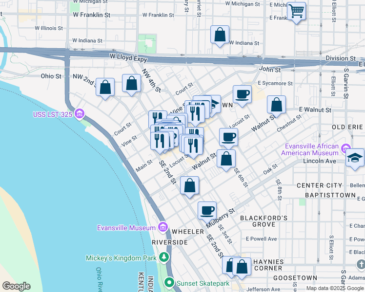 map of restaurants, bars, coffee shops, grocery stores, and more near 327 Main Street in Evansville