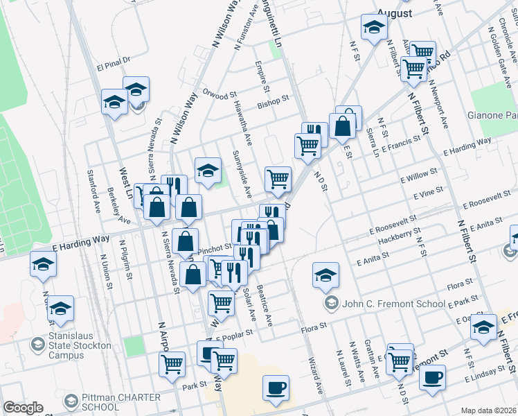 map of restaurants, bars, coffee shops, grocery stores, and more near 1235 Hiawatha Avenue in Stockton