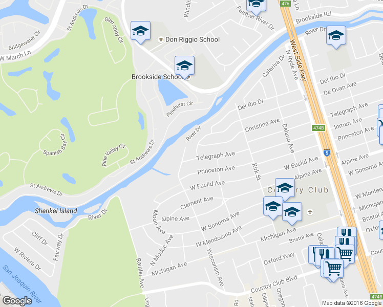 map of restaurants, bars, coffee shops, grocery stores, and more near 3353 Telegraph Avenue in Stockton