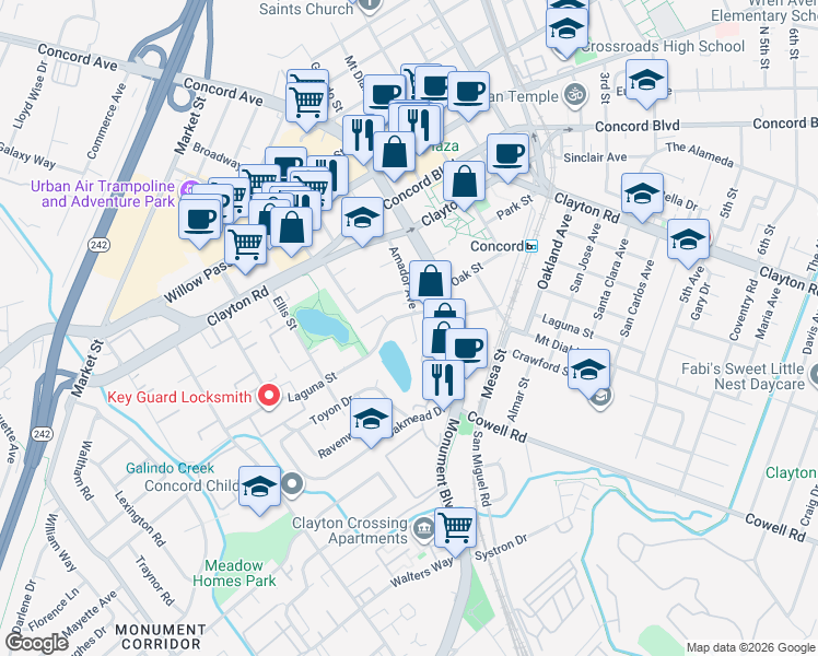 map of restaurants, bars, coffee shops, grocery stores, and more near 1880 Laguna Street in Concord