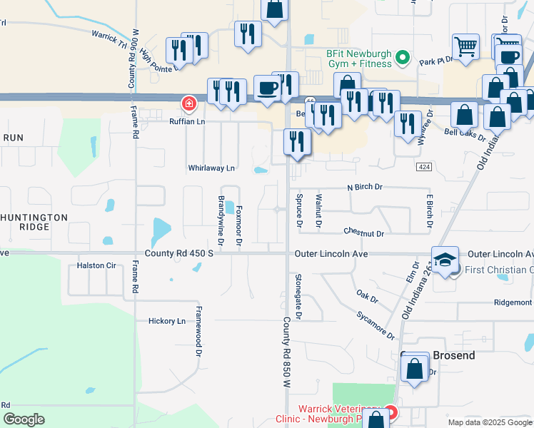map of restaurants, bars, coffee shops, grocery stores, and more near 4333 Bell Road in Newburgh
