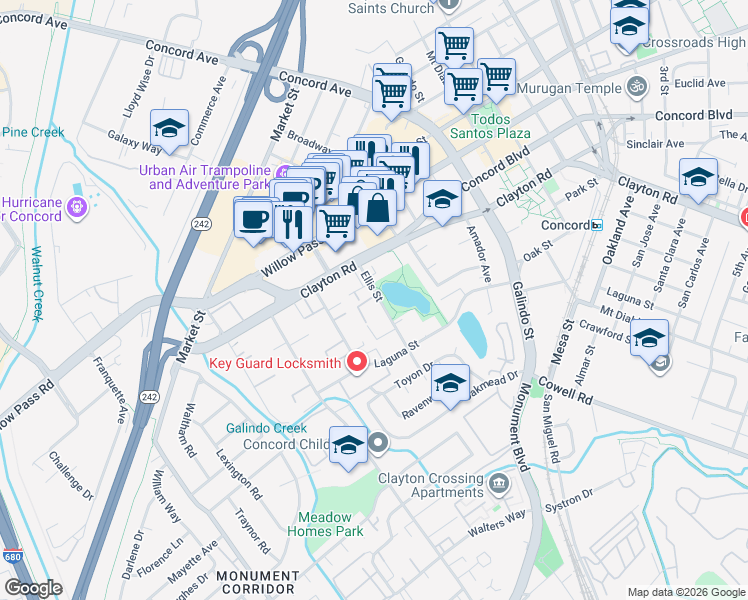 map of restaurants, bars, coffee shops, grocery stores, and more near 1731 Ellis Street in Concord