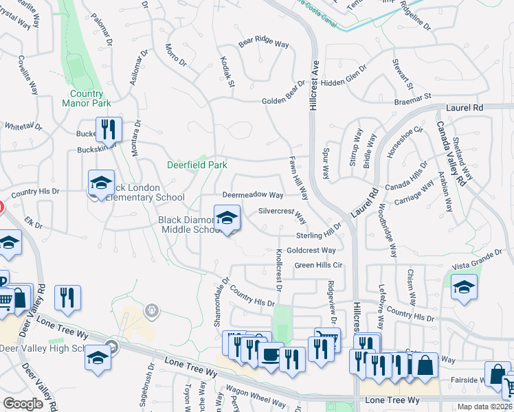 map of restaurants, bars, coffee shops, grocery stores, and more near 4520 Silvercrest Way in Antioch