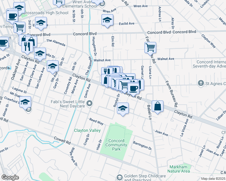 map of restaurants, bars, coffee shops, grocery stores, and more near 3407 Del Chiaro Way in Concord