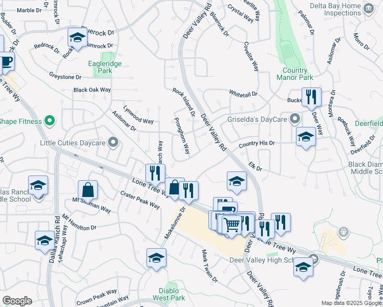 map of restaurants, bars, coffee shops, grocery stores, and more near 4537 Pronghorn Way in Antioch