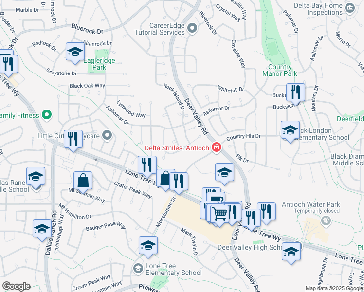 map of restaurants, bars, coffee shops, grocery stores, and more near 4537 Pronghorn Way in Antioch