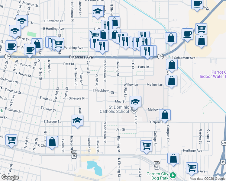 map of restaurants, bars, coffee shops, grocery stores, and more near 1504 E Hackberry St in Garden City