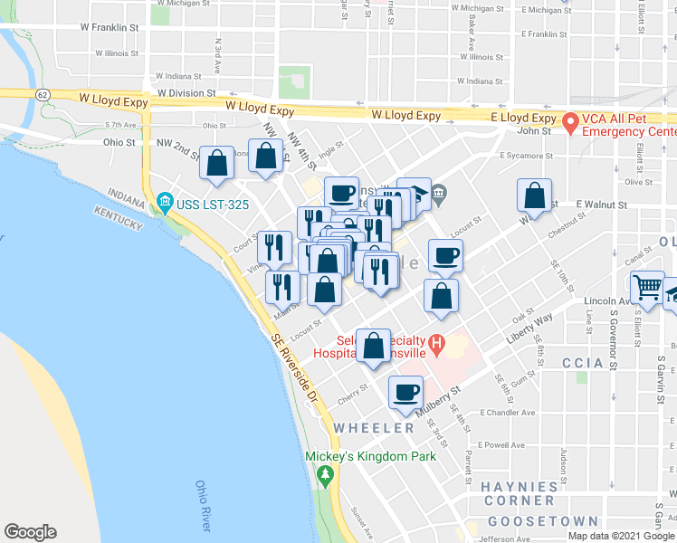 map of restaurants, bars, coffee shops, grocery stores, and more near 315 Main Street in Evansville