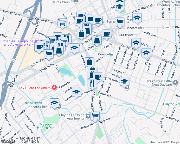 map of restaurants, bars, coffee shops, grocery stores, and more near 1335 Galindo Street in Concord