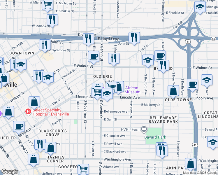 map of restaurants, bars, coffee shops, grocery stores, and more near 671-699 Brower St in Evansville
