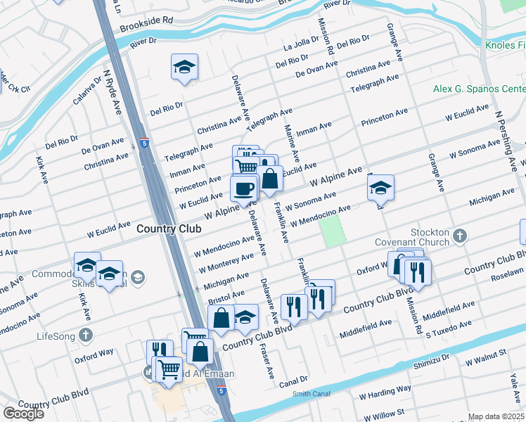 map of restaurants, bars, coffee shops, grocery stores, and more near 2194 West Alpine Avenue in Stockton