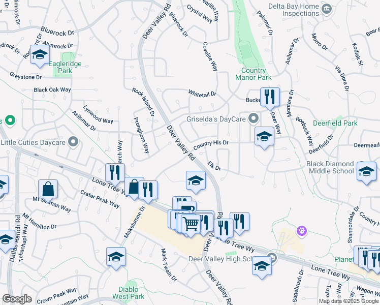 map of restaurants, bars, coffee shops, grocery stores, and more near Deer Valley Road & Country Hills Drive in Antioch