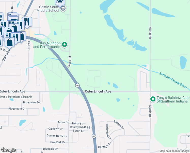 map of restaurants, bars, coffee shops, grocery stores, and more near 7040 Outer Lincoln Avenue in Newburgh