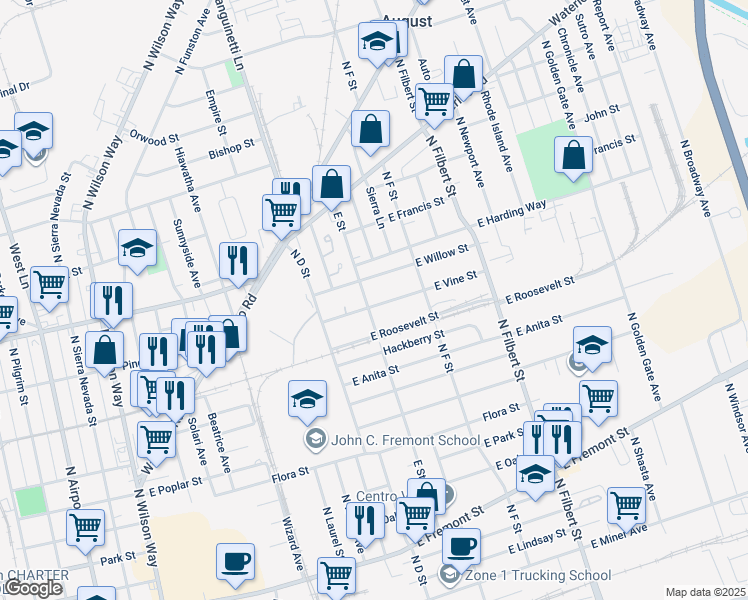 map of restaurants, bars, coffee shops, grocery stores, and more near 2263 East Vine Street in Stockton