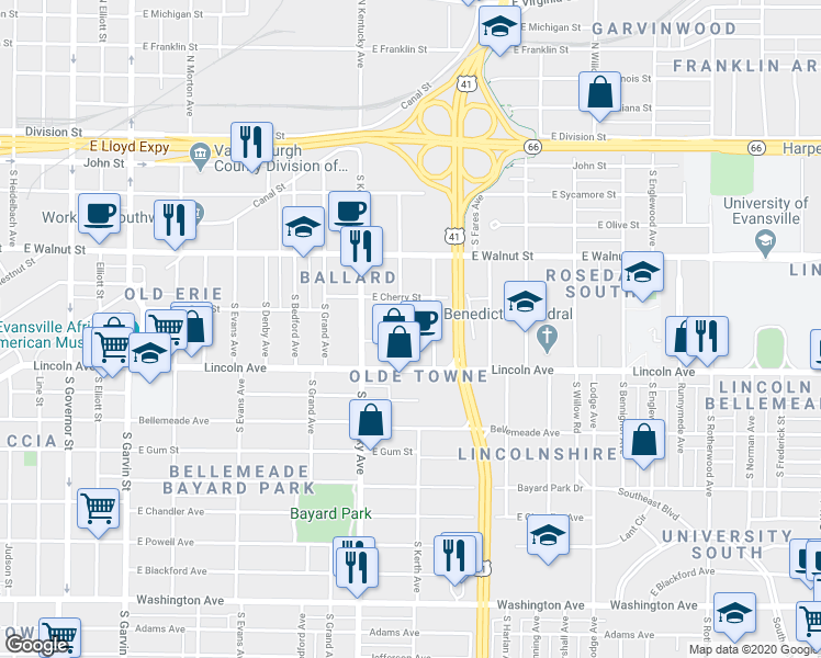 map of restaurants, bars, coffee shops, grocery stores, and more near 524 South New York Avenue in Evansville