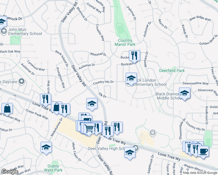 map of restaurants, bars, coffee shops, grocery stores, and more near 4464 Pampas Circle in Antioch