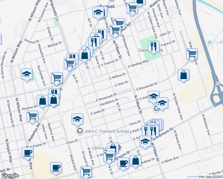 map of restaurants, bars, coffee shops, grocery stores, and more near 1115 North F Street in Stockton