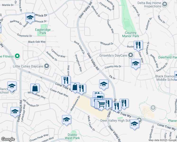 map of restaurants, bars, coffee shops, grocery stores, and more near 4608 Fallow Way in Antioch