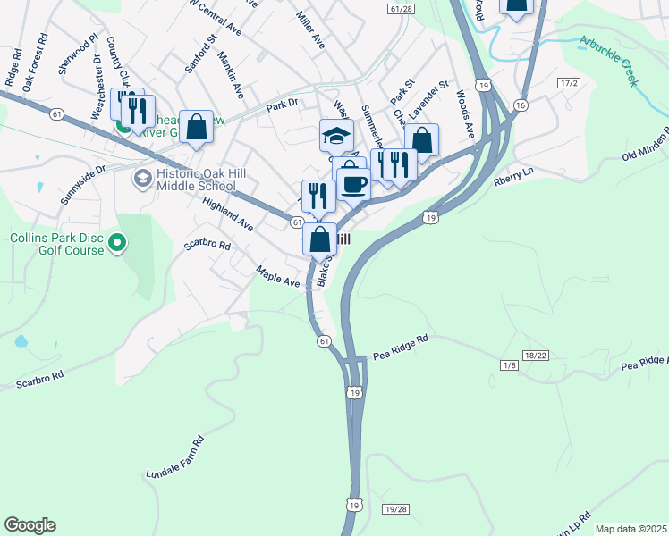 map of restaurants, bars, coffee shops, grocery stores, and more near 80 Blake Street in Oak Hill