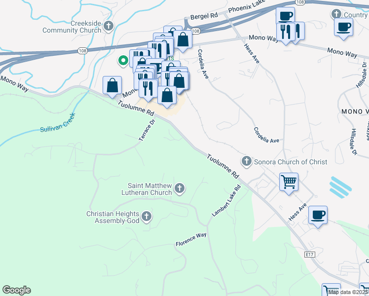 map of restaurants, bars, coffee shops, grocery stores, and more near 13899 Tuolumne Road in Sonora