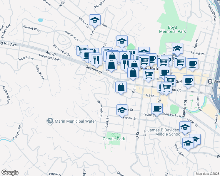 map of restaurants, bars, coffee shops, grocery stores, and more near 4 Jones Place in San Rafael