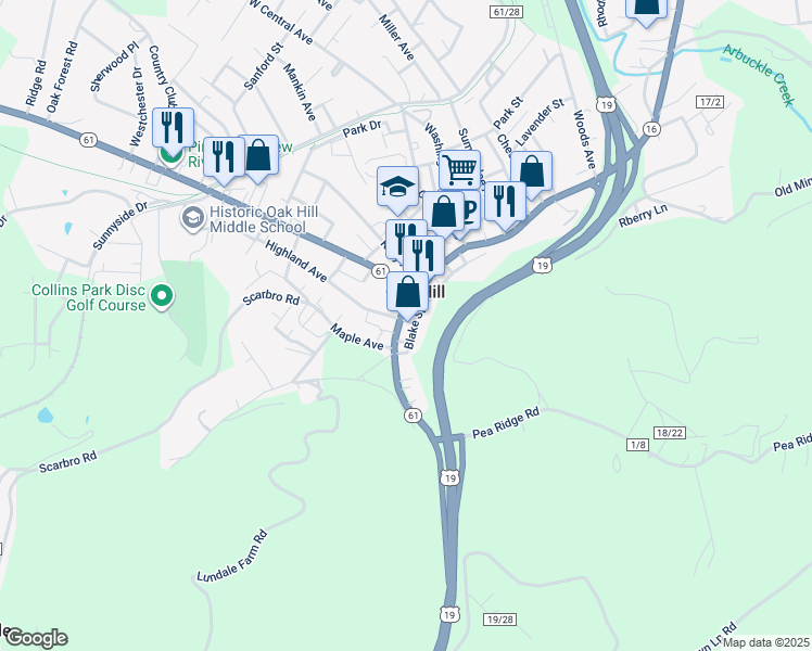 map of restaurants, bars, coffee shops, grocery stores, and more near 80 Blake Street in Oak Hill