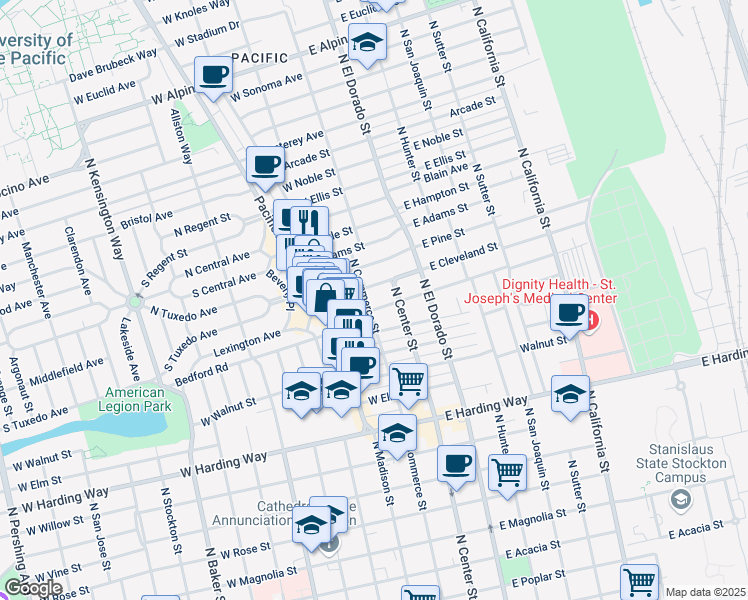 map of restaurants, bars, coffee shops, grocery stores, and more near 2010 North Commerce Street in Stockton
