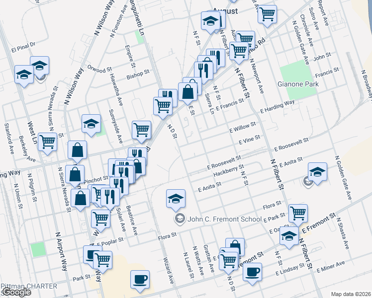 map of restaurants, bars, coffee shops, grocery stores, and more near 1216 North D Street in Stockton