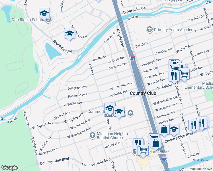 map of restaurants, bars, coffee shops, grocery stores, and more near 2946 Inman Avenue in Stockton