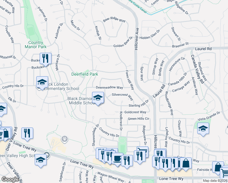 map of restaurants, bars, coffee shops, grocery stores, and more near 4520 Silvercrest Way in Antioch