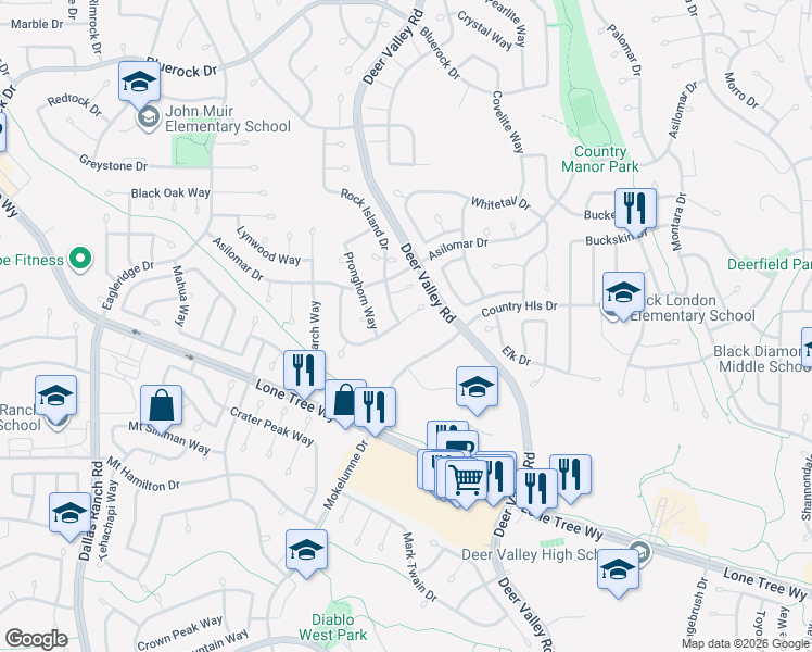map of restaurants, bars, coffee shops, grocery stores, and more near 4608 Fallow Way in Antioch