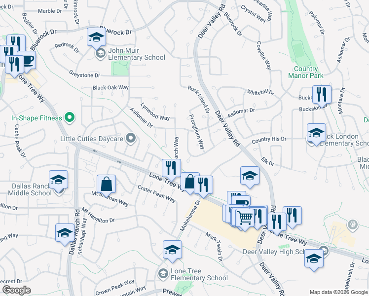 map of restaurants, bars, coffee shops, grocery stores, and more near 2613 Larch Way in Antioch